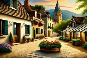 ein Illustration von ein Straße im ein Dorf. KI-generiert foto