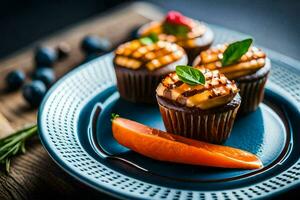 drei Cupcakes auf ein Blau Teller mit Möhren. KI-generiert foto