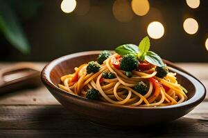 Spaghetti mit Brokkoli und Tomaten im ein hölzern Schüssel. KI-generiert foto