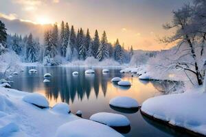 Foto Hintergrund das Himmel, Schnee, Bäume, Wasser, Felsen, Sonne, Bäume, Fluss,. KI-generiert