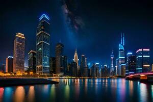 das Stadt Horizont beim Nacht im Schanghai, China. KI-generiert foto