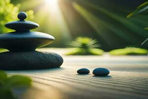 ein Zen Garten mit Steine und ein Sonne leuchtenden. KI-generiert foto