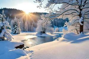 Schnee bedeckt Bäume und ein Fluss im das Winter. KI-generiert foto
