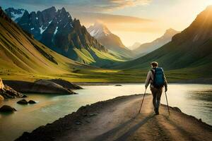 ein Mann mit Wanderung Stangen Gehen entlang ein Pfad im das Berge. KI-generiert foto