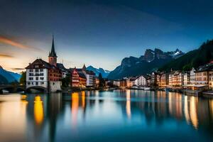 das schön Stadt, Dorf von Luzerne, Schweiz beim Dämmerung. KI-generiert foto