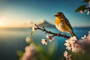 ein Vogel auf ein Ast mit Blumen im das Hintergrund. KI-generiert foto