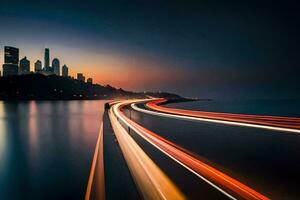 ein lange Exposition fotografieren von ein Stadt Horizont beim Sonnenuntergang. KI-generiert foto