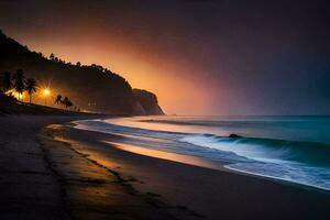 ein Strand beim Sonnenuntergang mit Wellen und Palme Bäume. KI-generiert foto