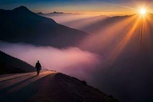 ein Mann Spaziergänge Nieder ein Berg Straße beim Sonnenuntergang. KI-generiert foto
