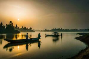 zwei Männer im ein Boot auf das Fluss beim Sonnenaufgang. KI-generiert foto