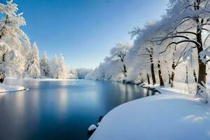 ein Fluss im das Schnee. KI-generiert foto