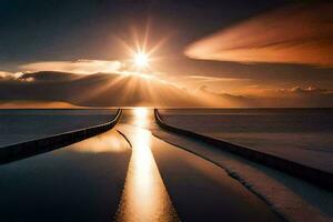 Sonne leuchtenden Über ein lang, eng Brücke im das Mitte von ein See. KI-generiert foto