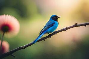 ein Blau Vogel sitzt auf ein Ast mit Rosa Blumen. KI-generiert foto