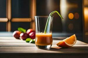 ein Glas von Orange Saft mit ein Stroh. KI-generiert foto