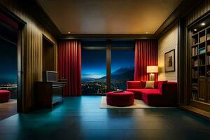 ein Zimmer mit ein rot Couch und ein Aussicht von das Stadt. KI-generiert foto