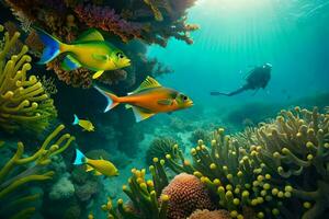 ein Taucher ist Schwimmen im das Ozean mit Koralle und Fisch. KI-generiert foto