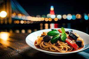 ein Teller von Pasta mit Gemüse und ein Aussicht von das Fluss. KI-generiert foto