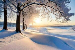 Winter ist Kommen, das Sonne ist leuchtenden durch das Bäume. KI-generiert foto