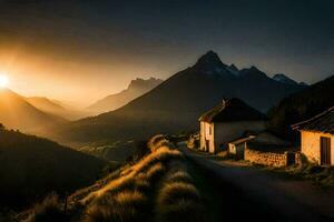 das Sonne steigt an Über ein Berg Straße im das Alpen. KI-generiert foto