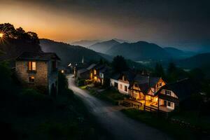 Foto Hintergrund das Himmel, Berge, Straße, Dorf, Sonnenuntergang, das Sonne. KI-generiert