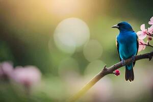 ein Blau Vogel ist thront auf ein Ast mit Rosa Blumen. KI-generiert foto