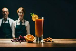 ein Barmann und ein Kellnerin Stehen hinter ein Tabelle mit ein Orange trinken. KI-generiert foto