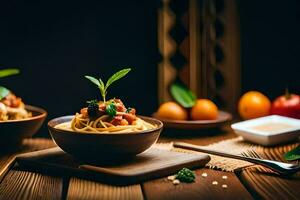 Spaghetti mit Tomate Soße und Kräuter auf ein hölzern Tisch. KI-generiert foto