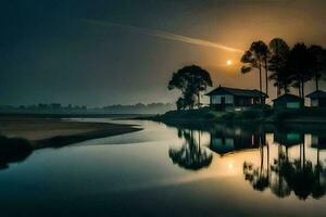 ein Haus sitzt auf das Ufer von ein Fluss beim Sonnenaufgang. KI-generiert foto