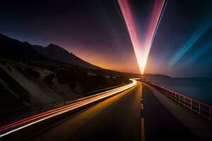 ein lange Exposition Foto von ein Straße mit Licht Wanderwege. KI-generiert