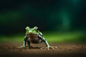 ein Frosch ist Stehen auf das Boden im Vorderseite von ein Grün Hintergrund. KI-generiert foto