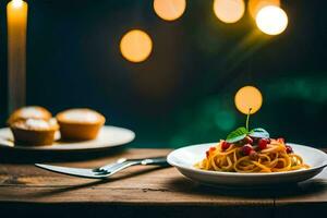 Spaghetti mit Tomate Soße und Granatapfel auf ein Platte. KI-generiert foto