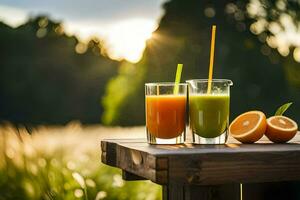 zwei Brille von Saft auf ein hölzern Tisch. KI-generiert foto