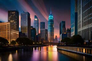 ein Stadt Horizont beim Nacht mit ein Fluss und Wasser. KI-generiert foto