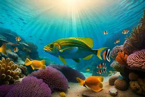 Fisch Schwimmen im das Ozean mit Koralle Riffe und andere Fisch. KI-generiert foto
