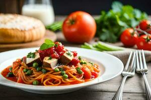 Spaghetti mit Tomate Soße und Käse auf ein Platte. KI-generiert foto