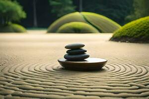 ein Zen Garten mit Steine und ein Felsen. KI-generiert foto