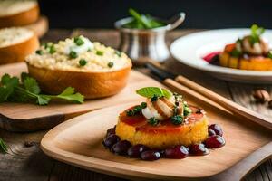 ein hölzern Teller gekrönt mit Essen und ein hölzern Löffel. KI-generiert foto