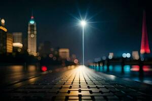 ein Stadt beim Nacht mit ein Licht leuchtenden auf das Straße. KI-generiert foto