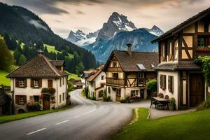 Foto Hintergrund das Himmel, Berge, Straße, Häuser, Bäume, Berge, Dorf, alpin. KI-generiert