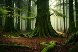 ein Wald mit Grün Bäume und Moos. KI-generiert foto