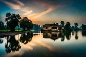 ein Haus auf das Wasser beim Sonnenuntergang. KI-generiert foto