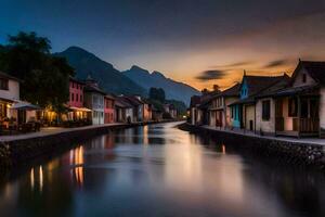 ein Kanal im das Mitte von ein Stadt, Dorf beim Sonnenuntergang. KI-generiert foto