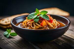 Spaghetti mit Tomate und Basilikum auf ein hölzern Tisch. KI-generiert foto