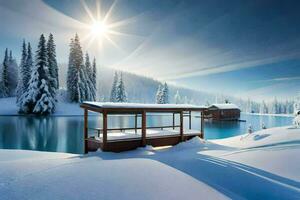 ein See und ein Pavillon im das Schnee. KI-generiert foto