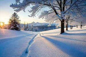 ein schneebedeckt Landschaft mit Bäume und ein Sonne Einstellung. KI-generiert foto