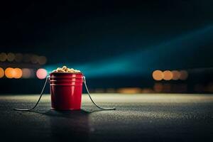 ein Eimer von Popcorn auf das Straße beim Nacht. KI-generiert foto