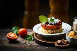 Essen auf ein Teller mit Tomaten, Basilikum und Käse. KI-generiert foto