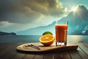 ein Glas von Orange Saft auf ein hölzern Tabelle mit Berge im das Hintergrund. KI-generiert foto