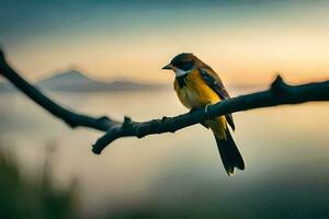 ein Vogel Sitzung auf ein Ast im Vorderseite von ein See. KI-generiert foto