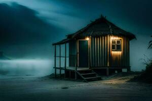 ein klein Hütte sitzt auf das Strand beim Nacht. KI-generiert foto